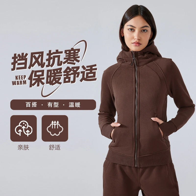 新款加厚保暖连帽运动外套女 户外休闲瑜伽训练健身夹克DJ028