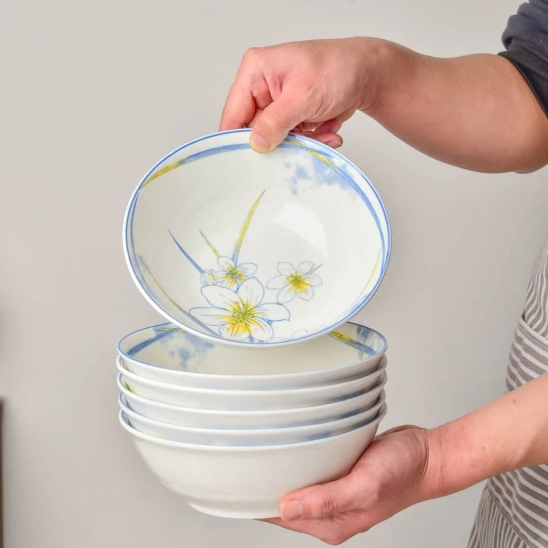 水仙花7英寸面碗6只装陶瓷手绘家用