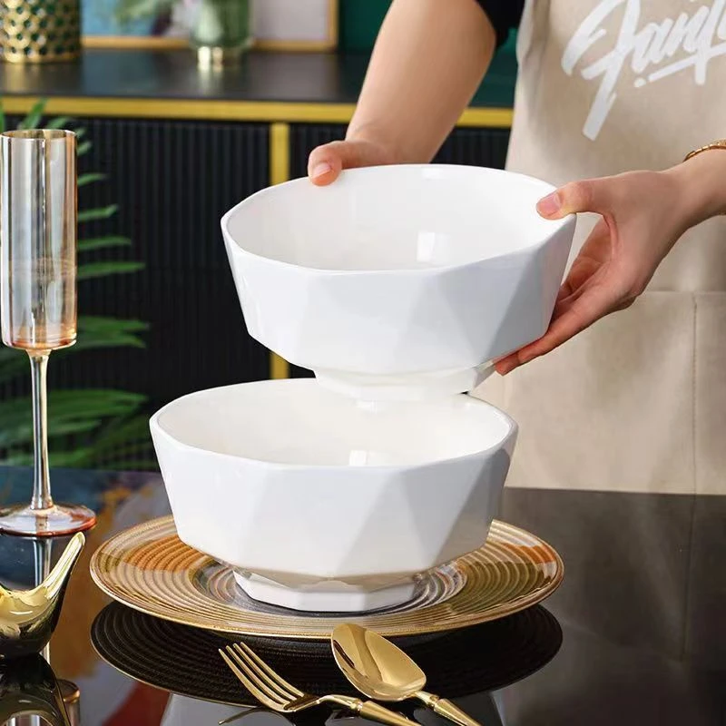 8英寸新骨瓷钻石汤碗2只北欧家用陶瓷简约轻奢纯白釉下彩