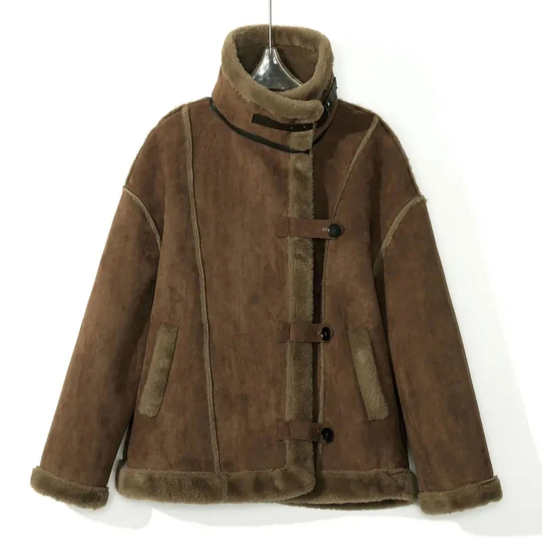 加厚上衣短外套女装女短款冬季拼接皮毛一体口袋翻领加绒