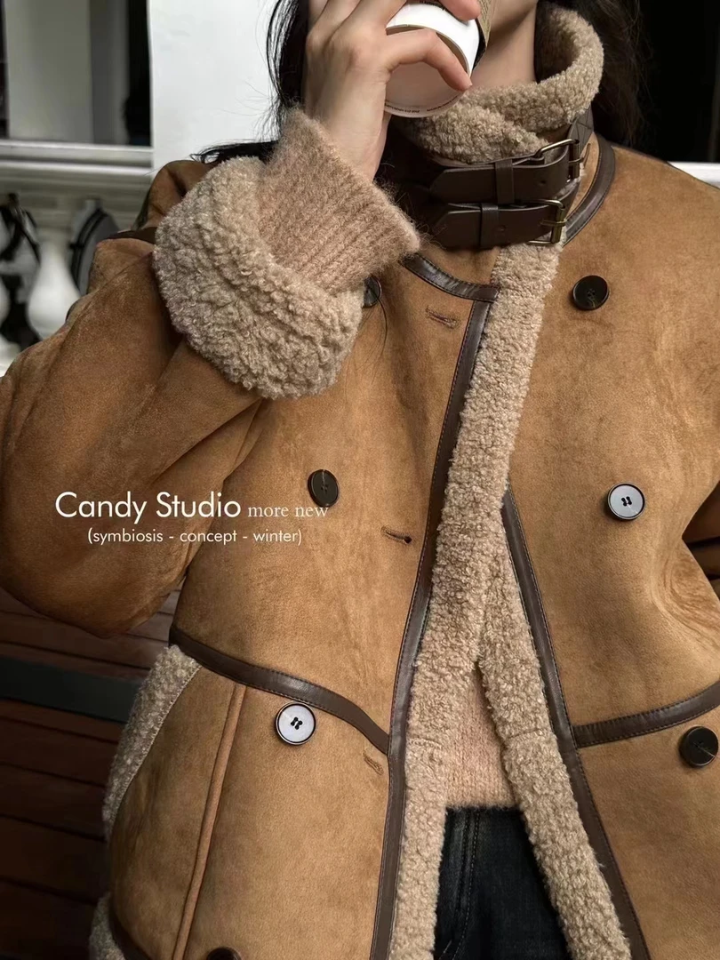 2023冬新款小香风加绒夹克麂皮绒机车服羊羔绒毛外套女皮毛一体