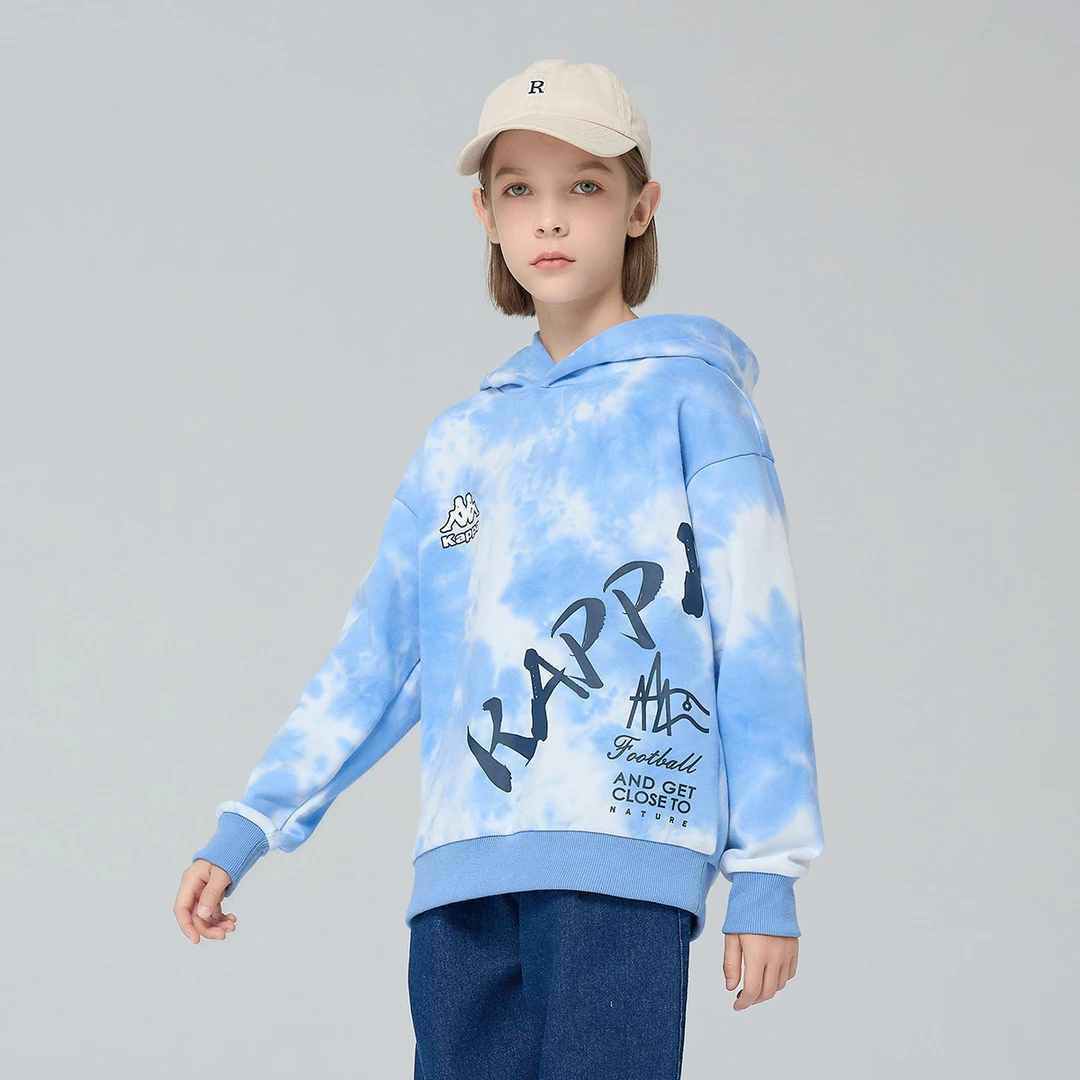 Kappa Kids2023秋款中大童宽松连帽卫衣长袖印花休闲扎染时尚童装