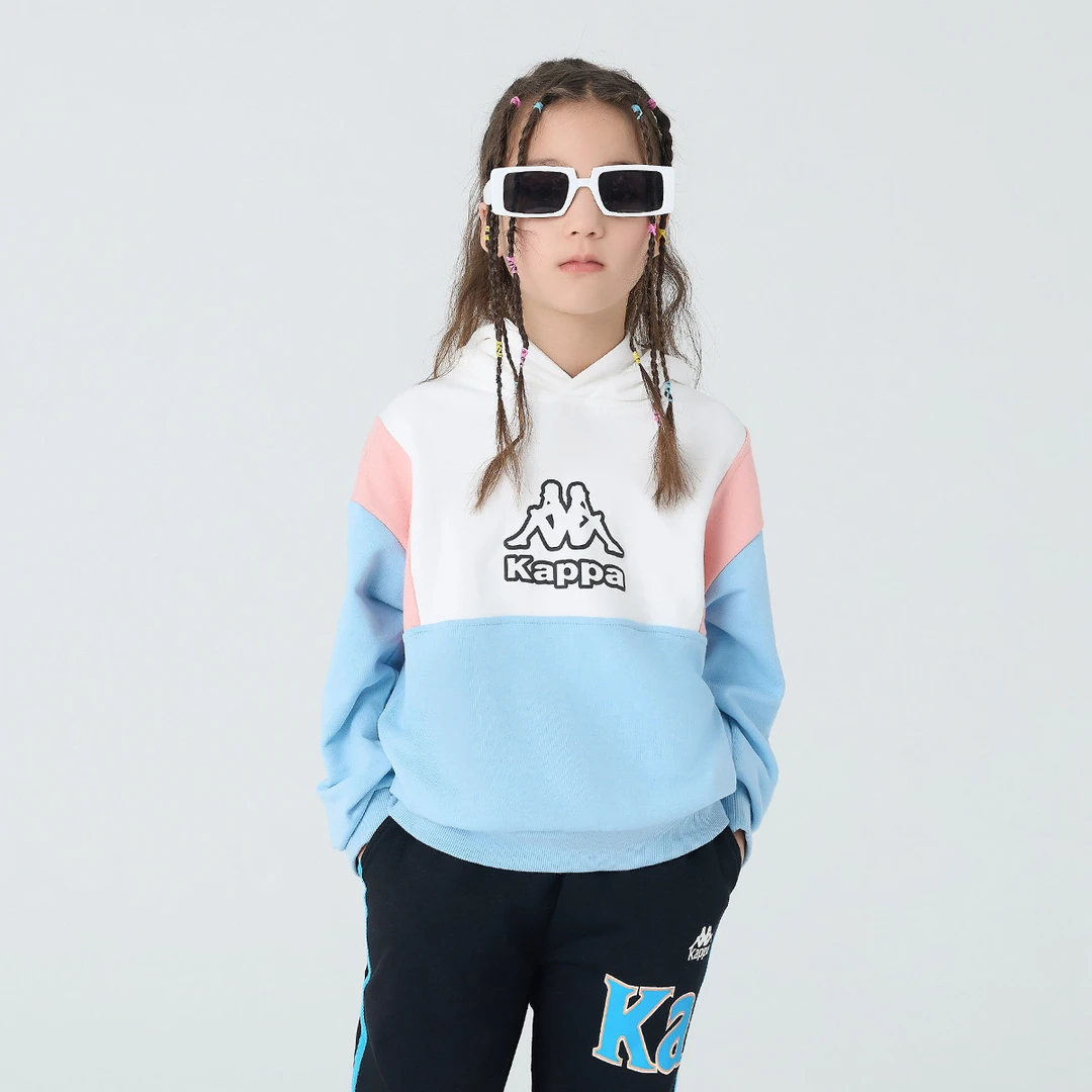 Kappa Kids2023秋季儿童拼色宽松长袖运动休闲宽松时尚连帽卫衣