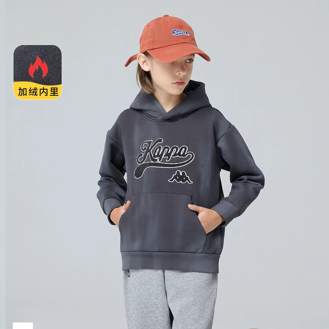Kappa Kids2023秋冬款加绒儿童宽松带帽长袖时尚潮流印花百搭卫衣