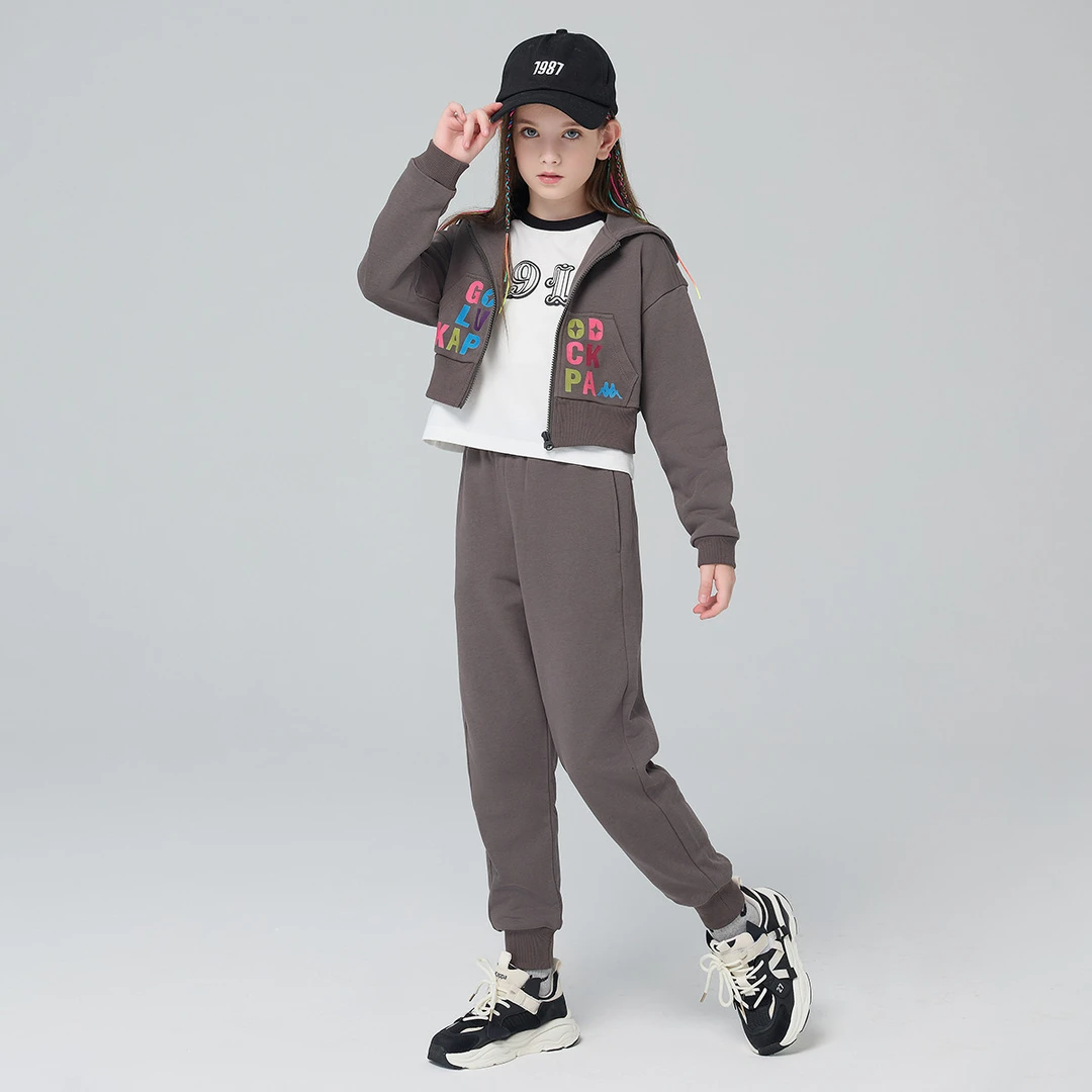 Kappa Kids卡帕儿童秋款休闲时尚宽松连帽中大童印花潮流套装卫衣