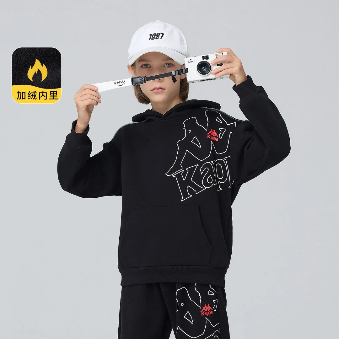 Kappa Kids2023冬款加绒中大童圆领时尚休闲简约卡通长袖宽松卫衣