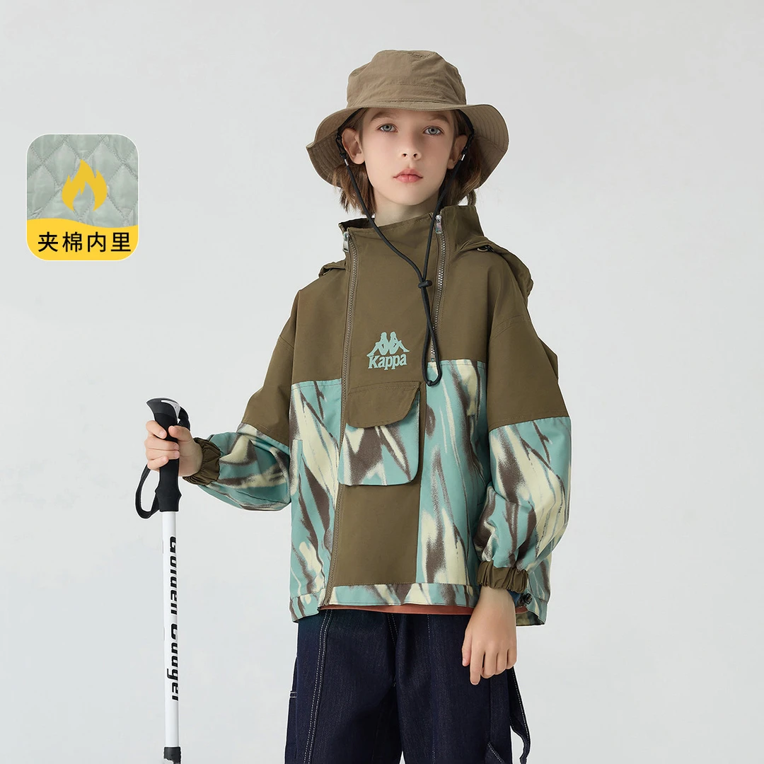 Kappa Kids卡帕冬季夹棉外套儿童百搭舒适防风连帽拉链衫男孩童装