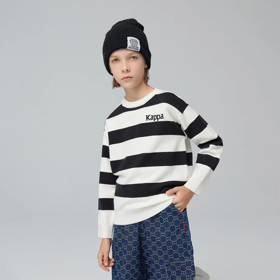 Kappa Kids秋冬款中大童卫衣条纹圆领长袖休闲宽松时尚撞色毛衣