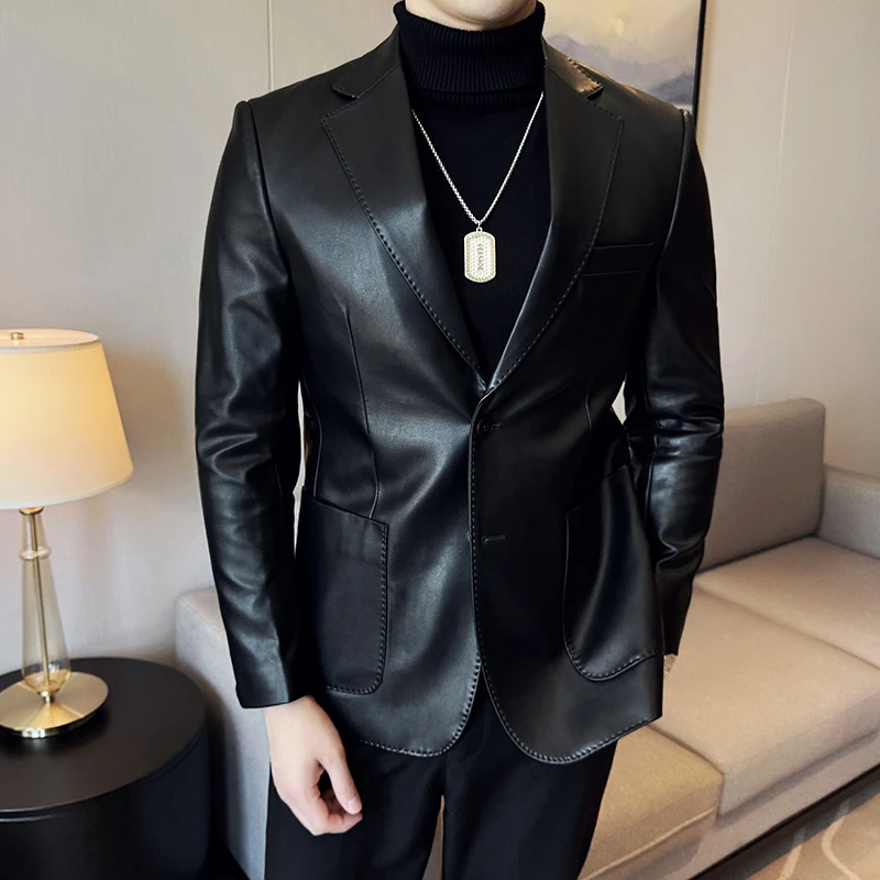 DX9908秋冬新款皮衣西服痞帅风单排两粒扣商务休闲西装男士时尚