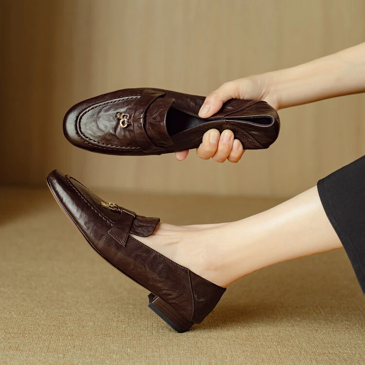 全羊皮~2cm真皮低跟乐福鞋女春秋深口单鞋一脚蹬圆头小皮鞋平底鞋
