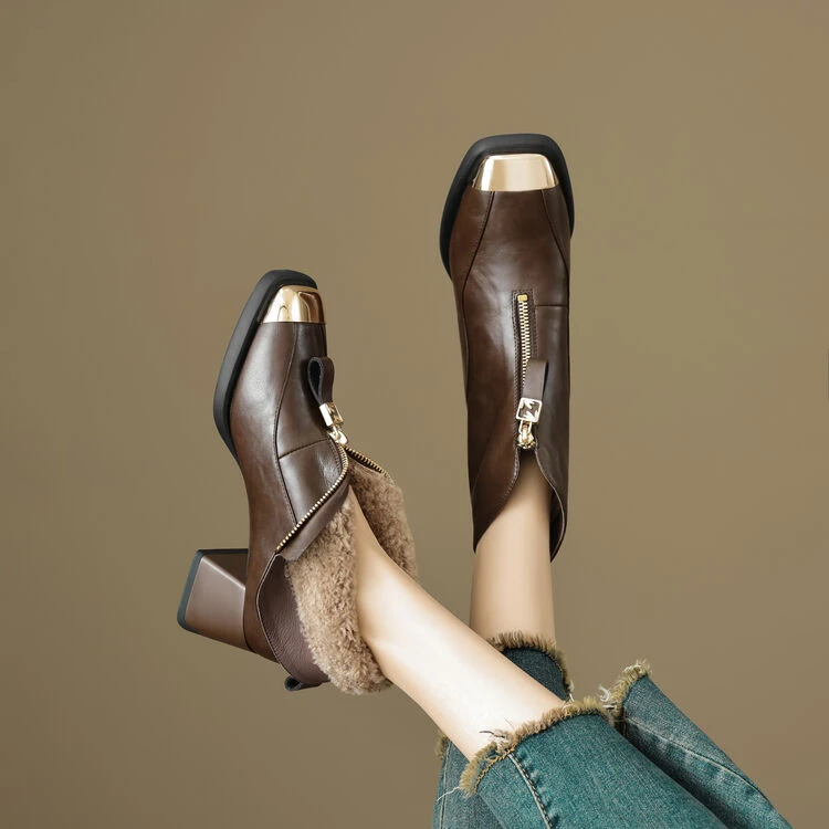 金属高跟方头短靴女2024秋冬新款棕色真皮百搭加绒前拉链气质靴子