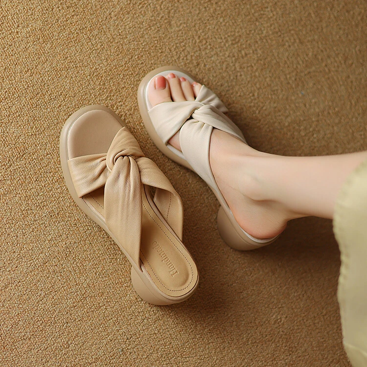 羊皮~5CM踩屎感真皮厚底交叉带露趾拖鞋夏季新款中跟粗跟百搭凉拖