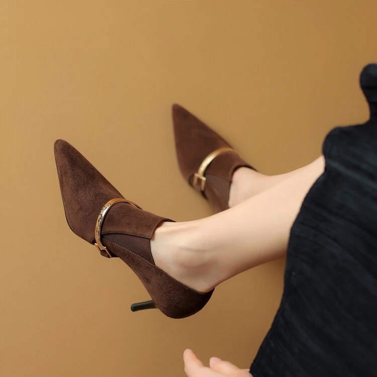 时尚气质细跟深口女鞋春秋季新款真皮磨砂单鞋女尖头高跟鞋设计感