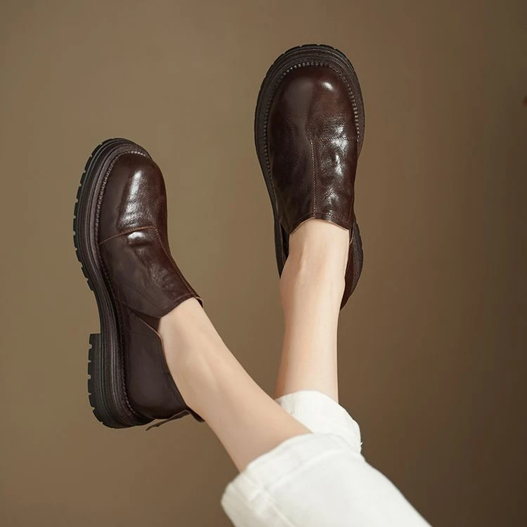 英伦风厚底乐福鞋女冬加绒软底女鞋真皮复古羊皮单鞋一脚蹬小皮鞋