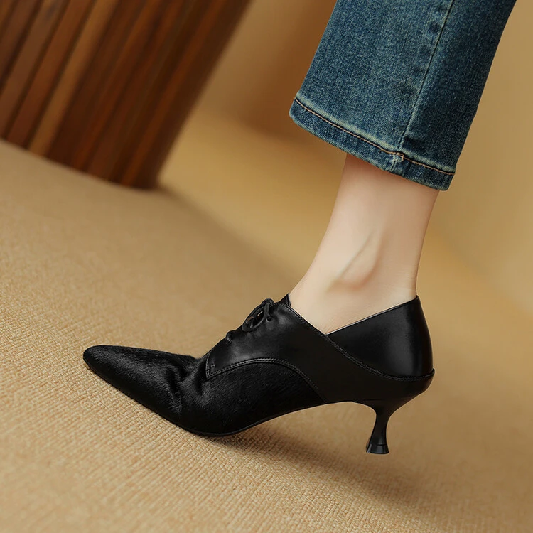 里外纯皮~巨软两穿~5cm~小细跟单鞋女春季新潮马毛真皮踩跟中跟鞋