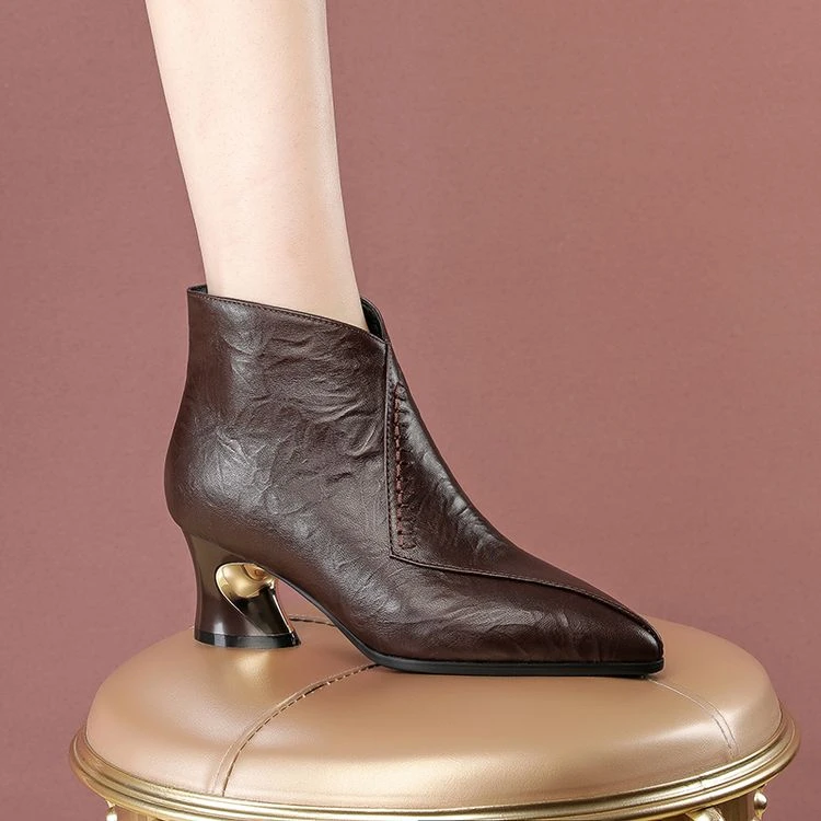 短靴女鞋秋冬棕色复古加绒法式粗跟小靴子女中跟马丁靴短筒及踝靴