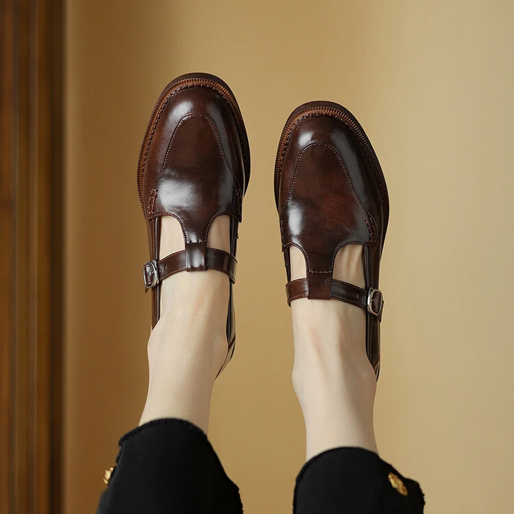 【里外纯皮】4cm 复古玛丽珍鞋女大码圆头小皮鞋粗跟丁字扣单鞋新款