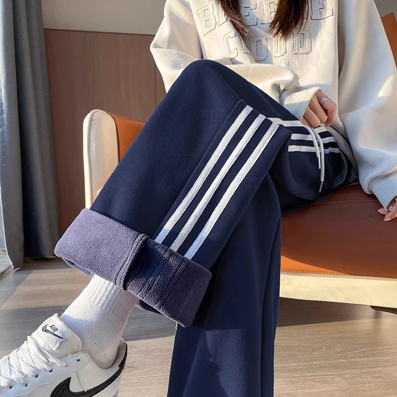 雾霾蓝加绒三条杠运动裤女秋冬加厚卫裤小个子高腰宽松休闲阔腿裤