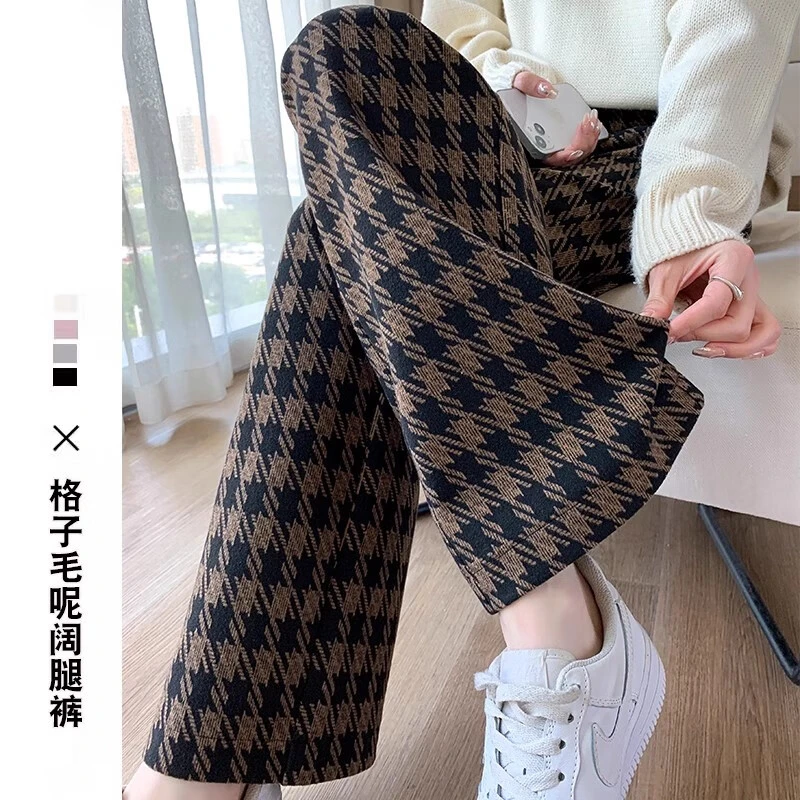 毛呢格子窄版阔腿裤女秋冬加绒加厚复古休闲高腰垂感显瘦直筒裤子