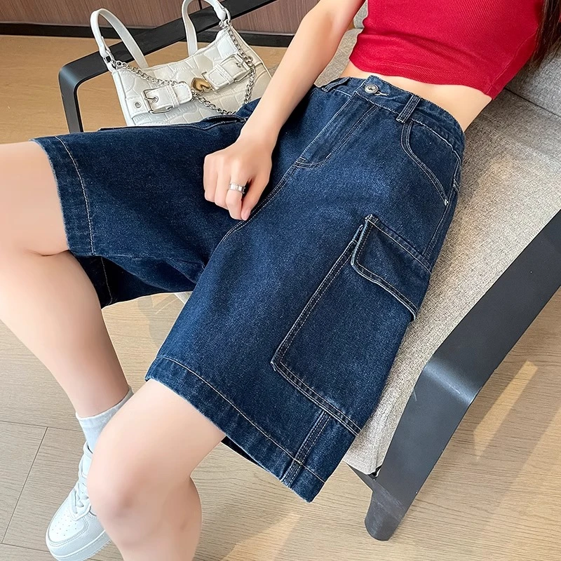 夏季薄款牛仔短裤女牛仔工装五分裤夏天高腰大口袋宽松深色5分裤