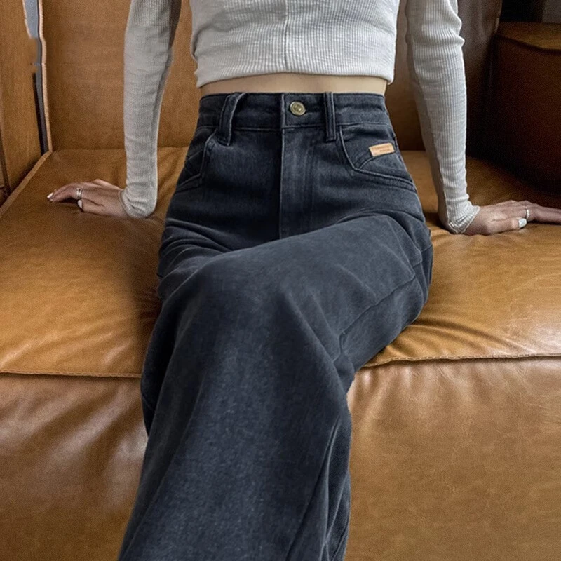 直筒牛仔裤女高腰显瘦2023年新款宽松窄版小个子黑色拖地阔