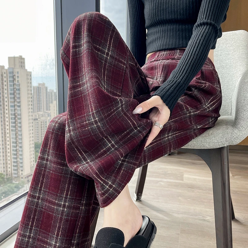 安可拉红格子阔腿裤女秋季2024新款高腰显瘦宽松复古窄版直筒裤女