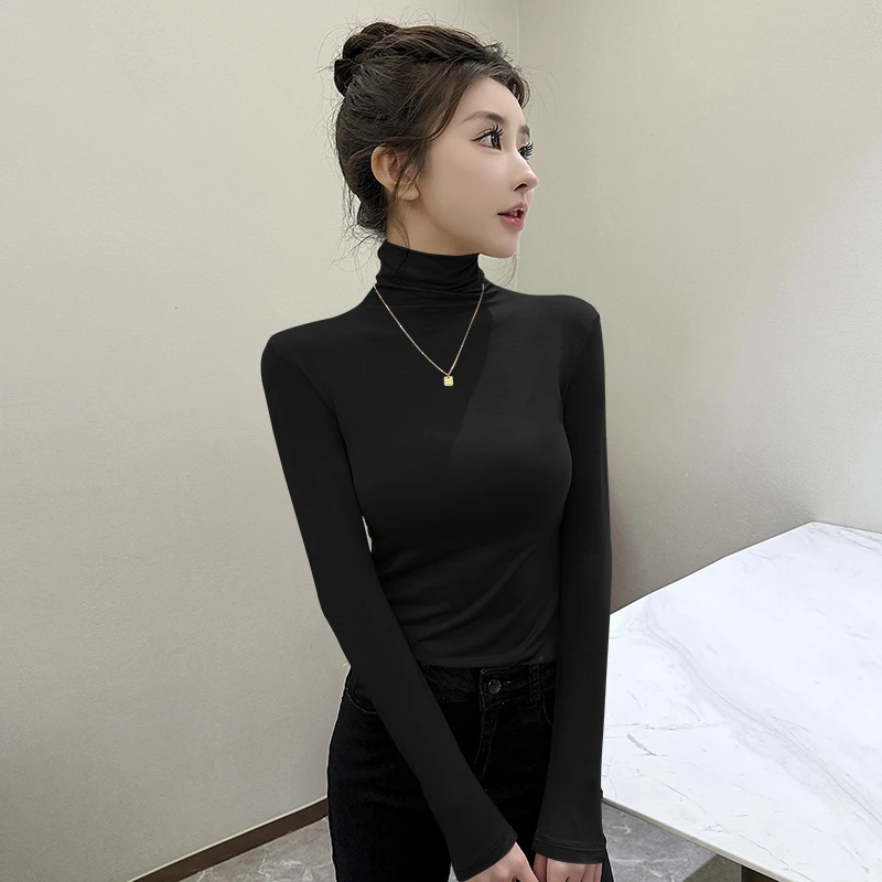 莫代尔咖啡色高领打底衫女内搭长袖t恤薄款秋冬2025新款紧身上衣
