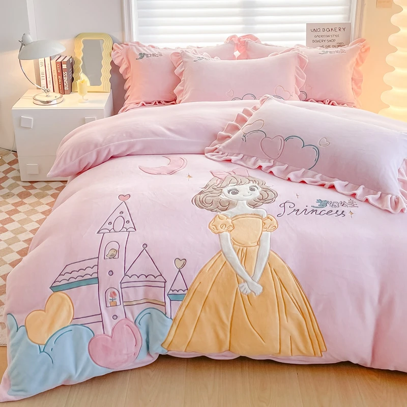 A类全消光卡通婴儿级牛奶绒四件套公主城堡少女心宿舍可爱公主风