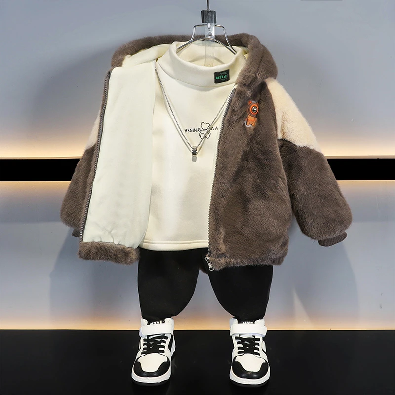 男童冬装外套加绒2024新款儿童棉服男孩加厚毛毛衣宝宝水貂绒棉衣