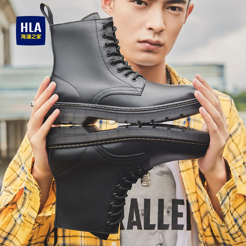 HLA/海澜之家冬季新品男鞋复古英伦风真皮高帮工装马丁靴时尚短靴