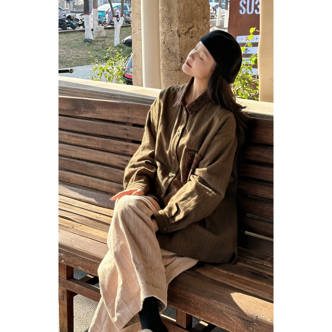 三木兮非2024春秋新款宽松休闲文艺时尚竖条提花复古衬衫24FS3026