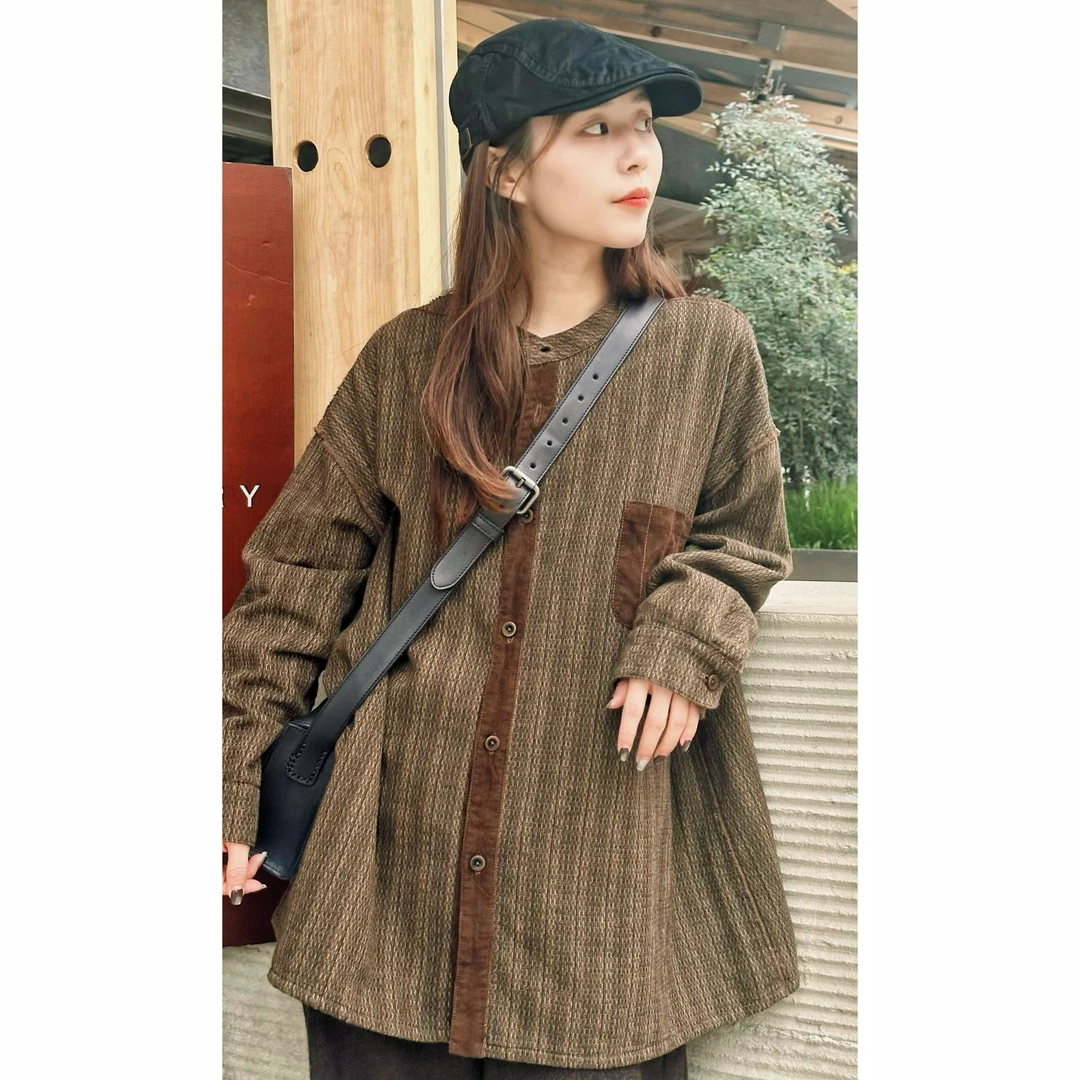 2024冬季穿搭休闲百搭文艺复古圆领两面穿衬衫24FS1090