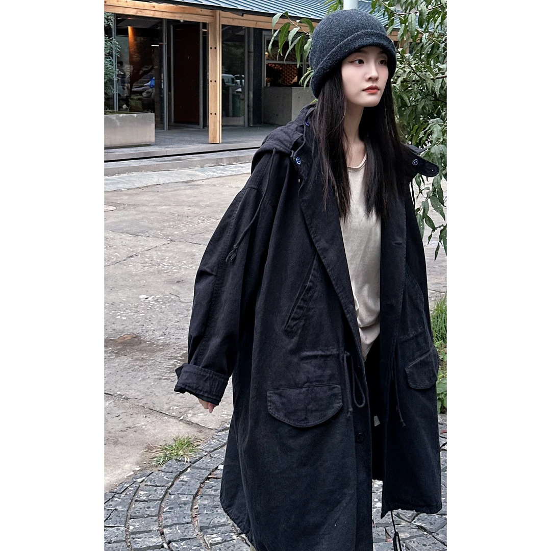 三木兮非2024春秋新款宽松百搭连帽工装风棉麻风衣外套24XS2164
