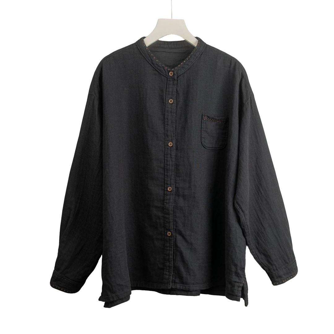 三木兮非2024春秋新款简约休闲舒适百搭棉纱长袖黑色衬衫24XC1004