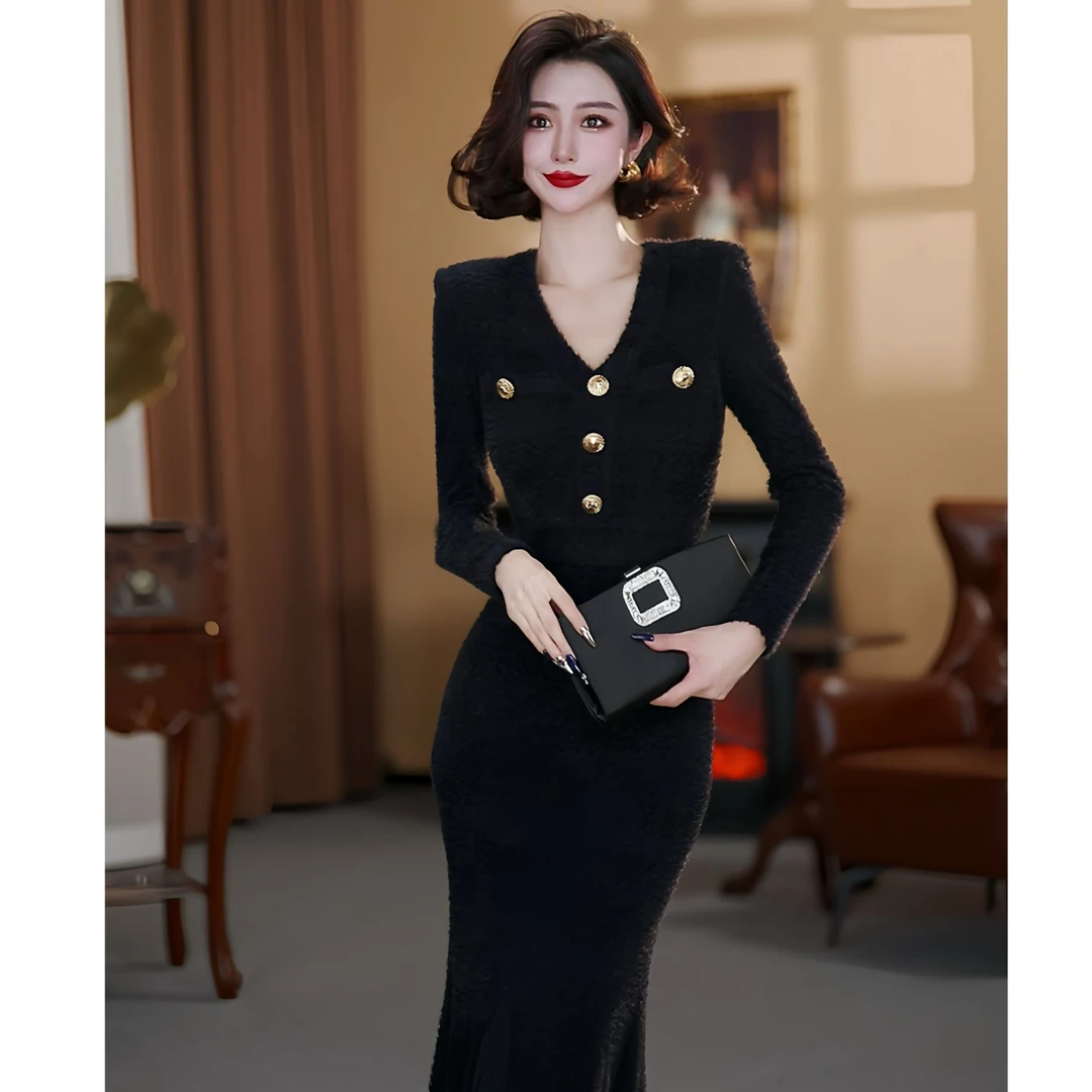 【大晶定制】秋季新款气质纽扣V领高奢植绒收腰显瘦连衣裙-DJ10040