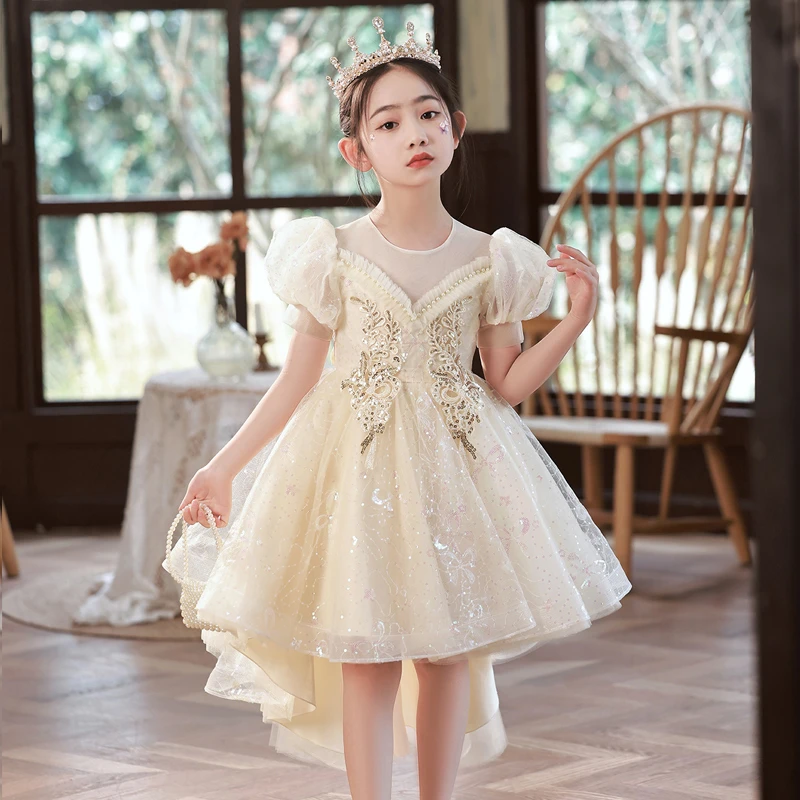 儿童主持走秀礼服夏季小主持人礼服女童宝宝女童拖尾礼服儿童礼服