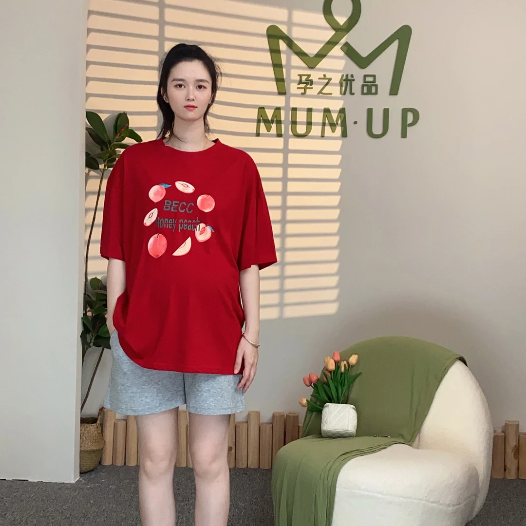孕之优品显白桃子深红短袖T恤夏季孕妇装百搭舒适纯棉上衣DY3505