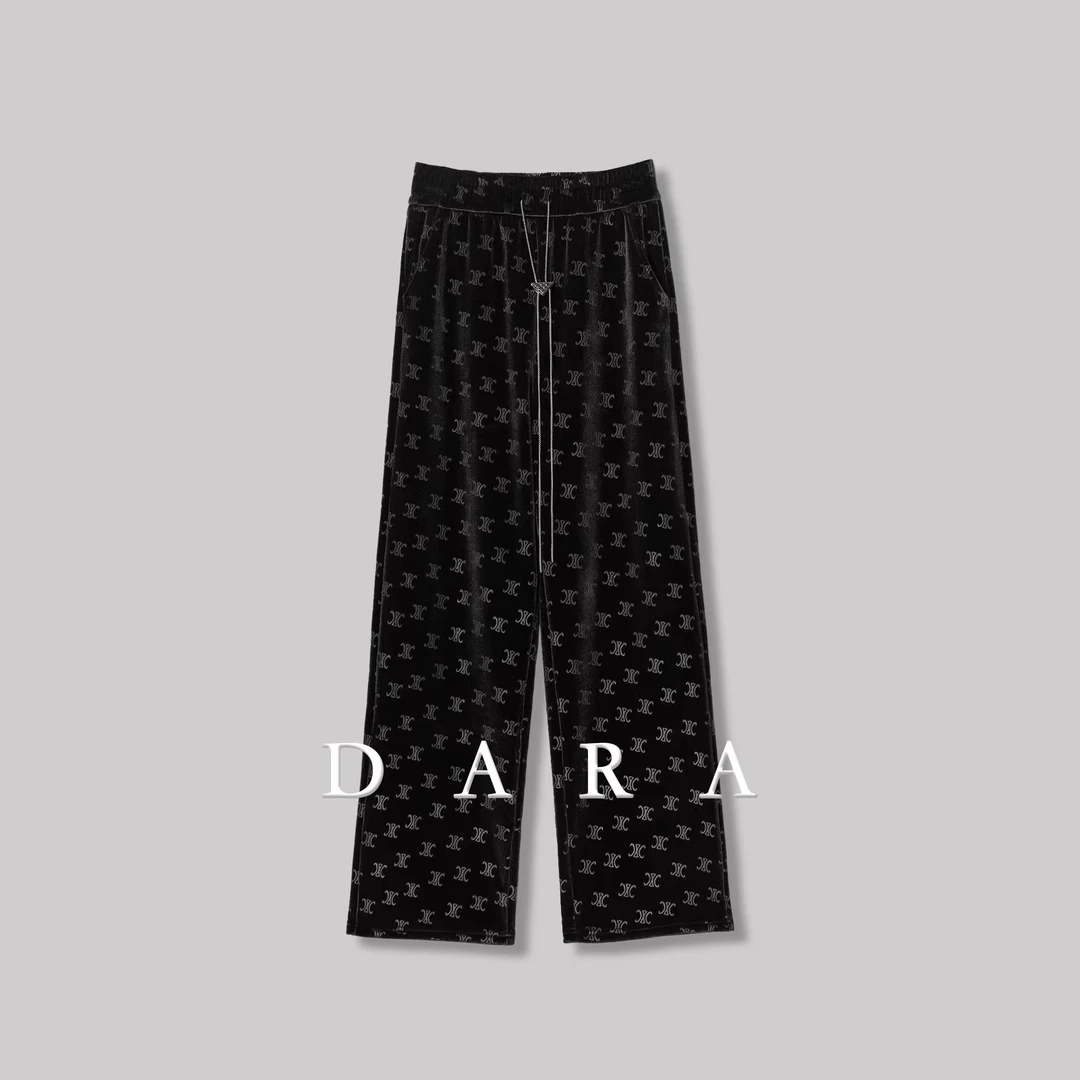 【偶姿专享】2023轻奢阔腿裤丝绒阔腿裤直筒时尚休闲黑色长裤印花