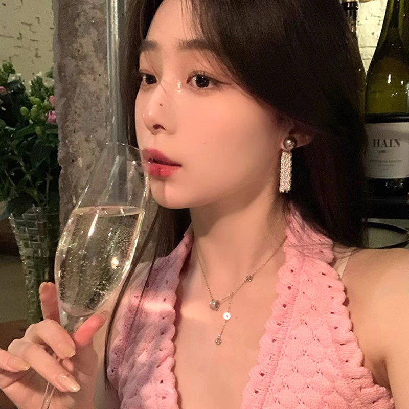 合金耳饰 一款两戴灰珠链条流苏耳钉ins独特设计耳环法式轻奢耳饰