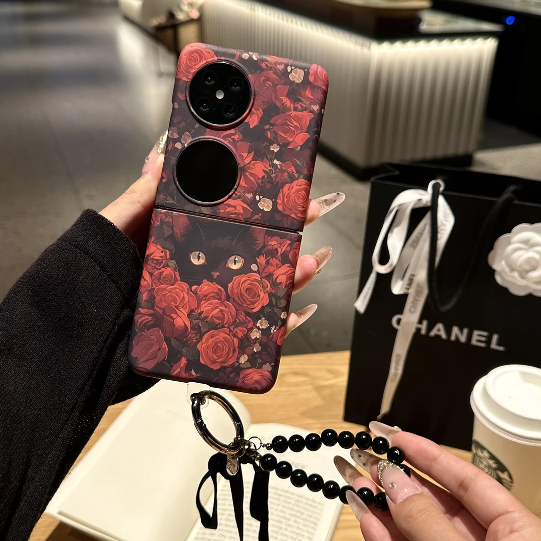 玫瑰花丛猫咪适用于华为Pocket2折叠屏带支架挂链Novaflip手机壳