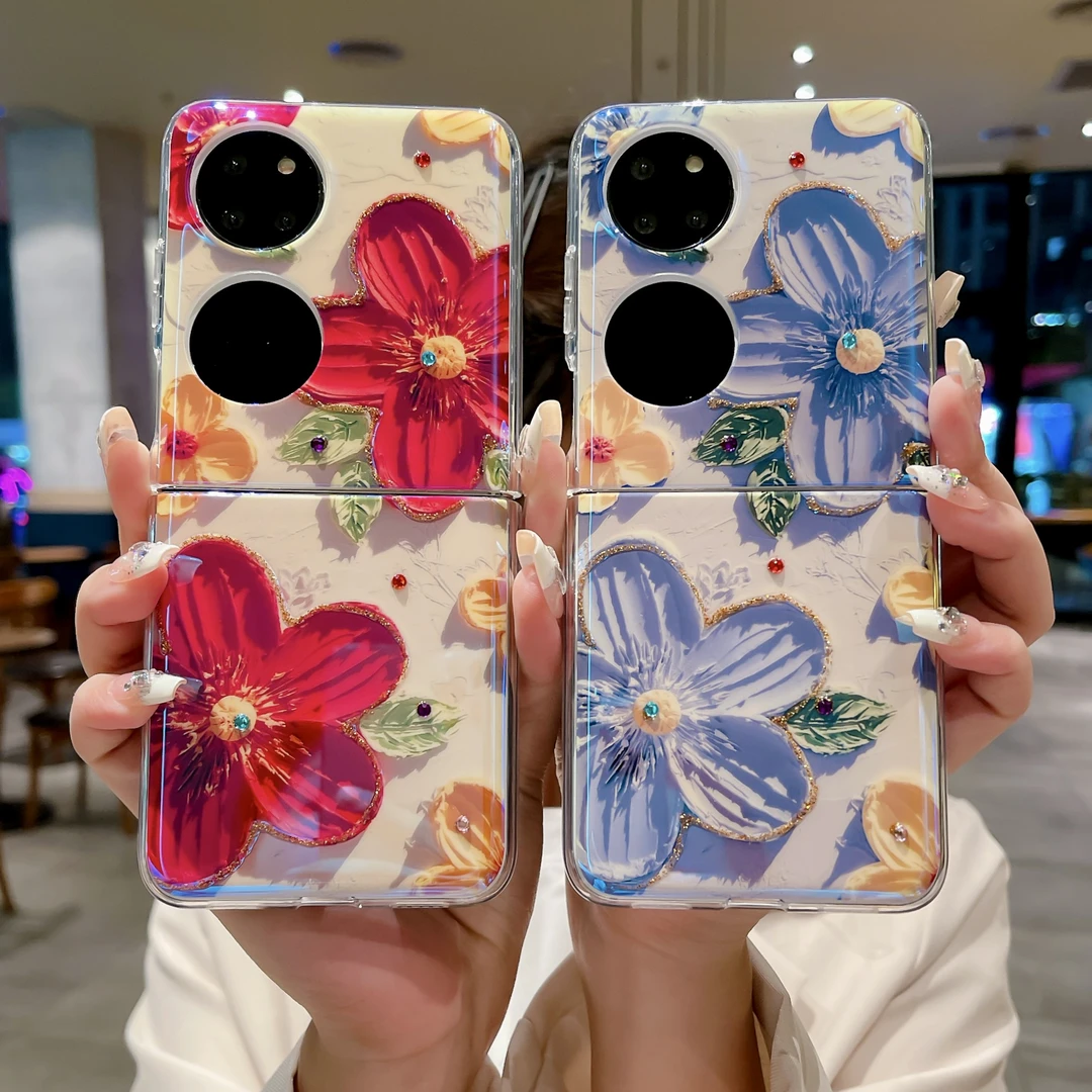 个性红色油画华为pocketS手机壳p50pockets全包滴胶贴钻硅胶外壳