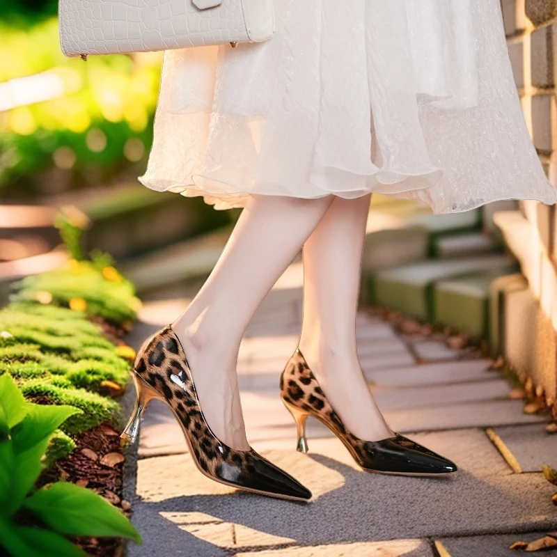 漆皮浅口高跟鞋女时尚细跟气质性感渐变豹纹拼色百搭法式职业单鞋