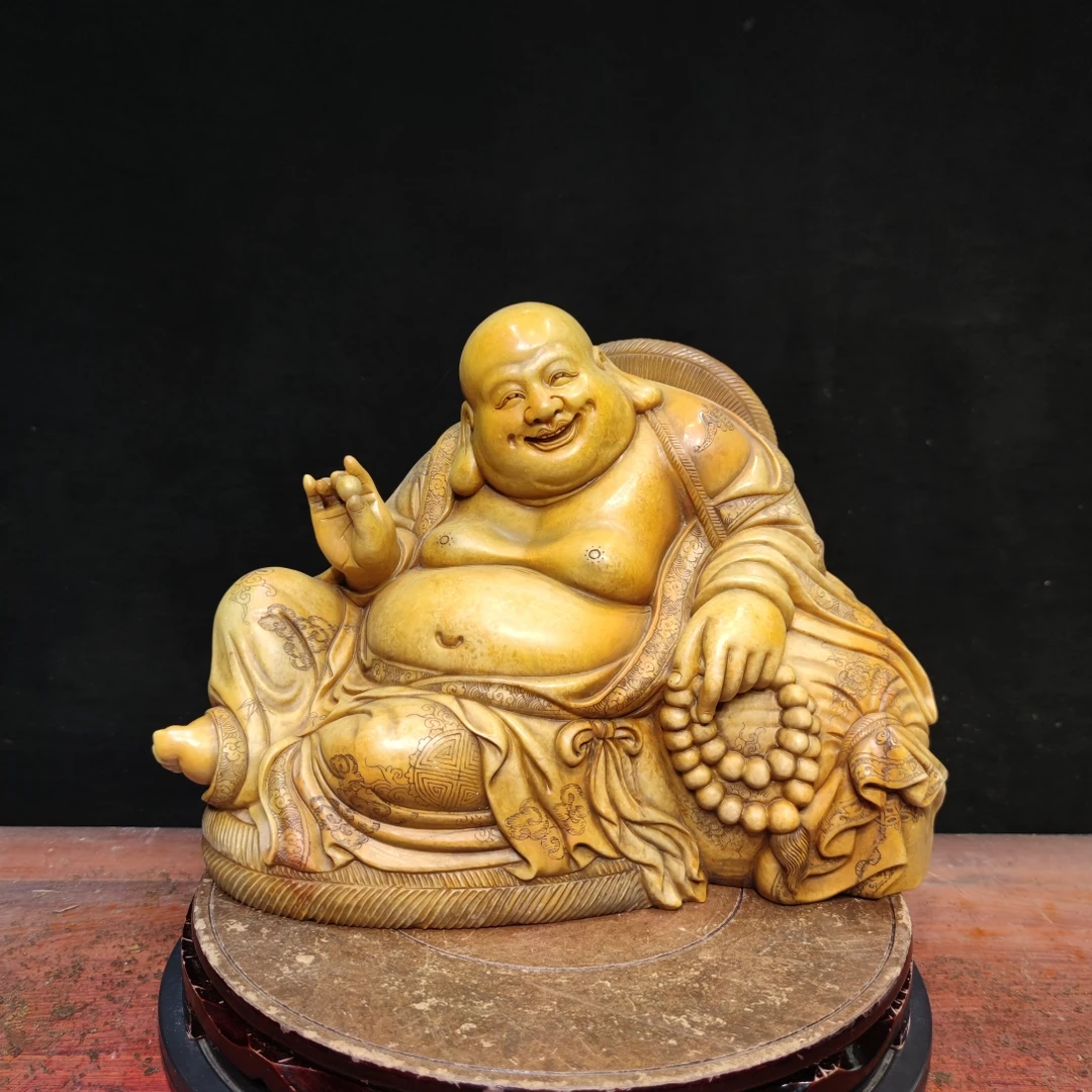 石佛弥勒佛摆件手工雕刻石雕元宝弥勒适合居家办公摆件