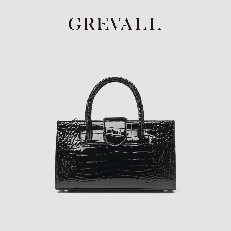 绿谷新款经典黑色高级手拎包商务气质女包包鳄鱼纹斜挎包6078