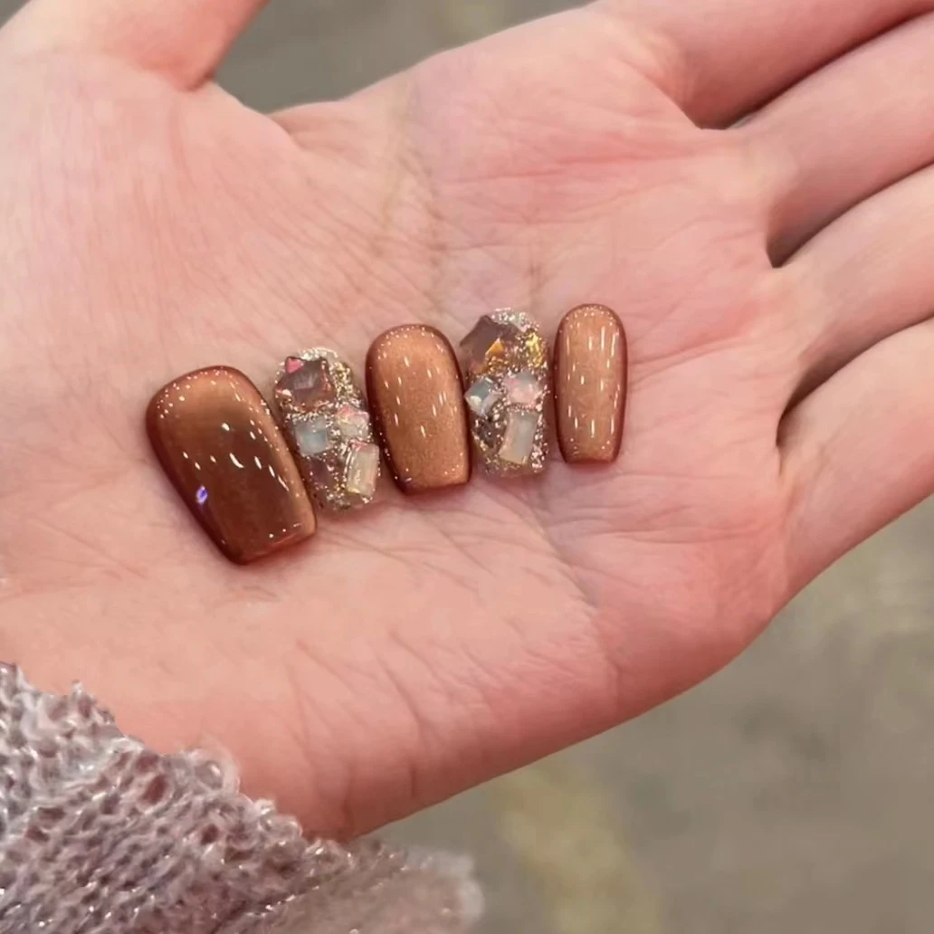 【伯爵红茶】纯手工穿戴甲猫眼爆闪美甲贴片