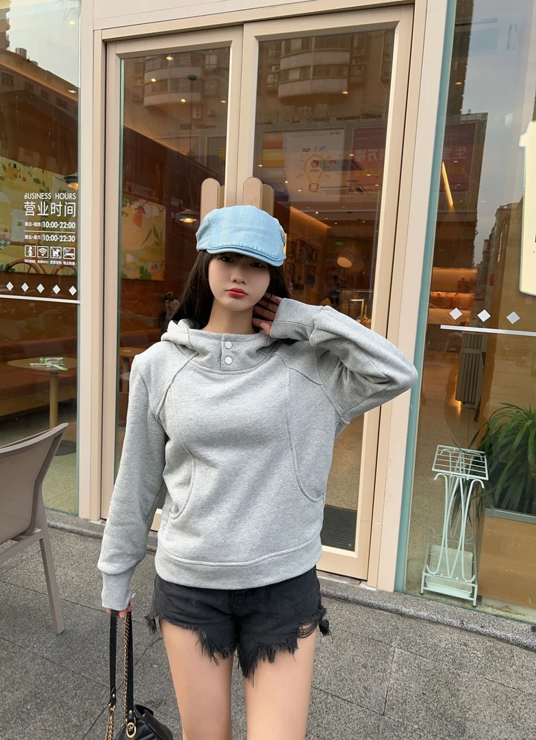 设计感连帽上衣春秋显瘦长袖短款时尚休闲百搭宽松学生卫衣女灰色