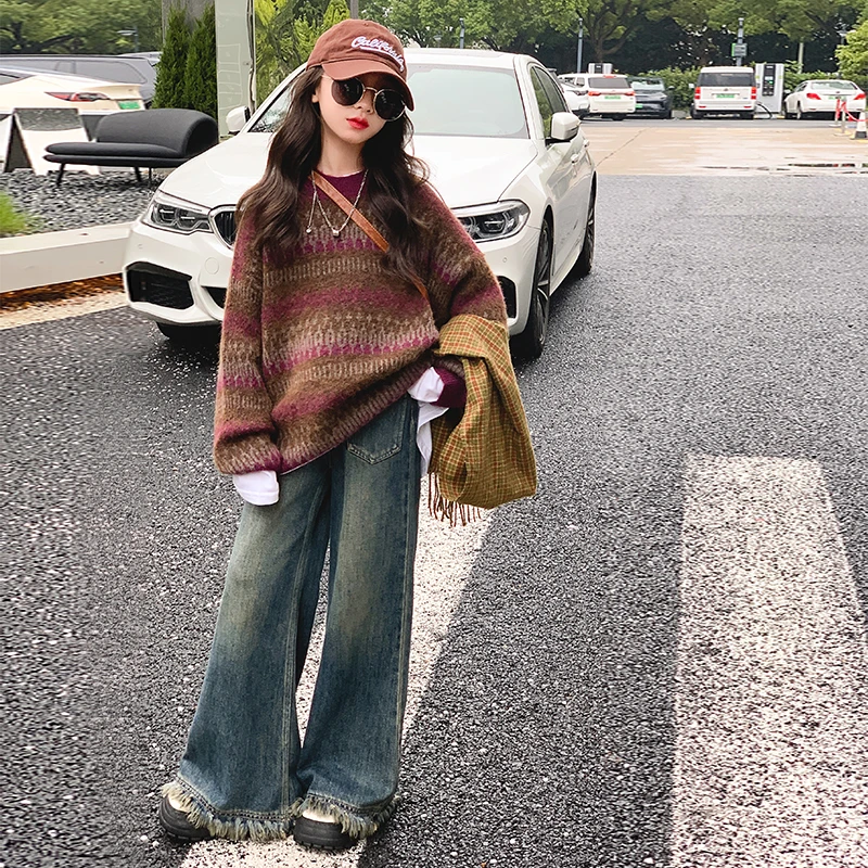 女童毛衣秋冬加厚2024新款中大童慵懒风针织打底衫保暖秋冬款套装