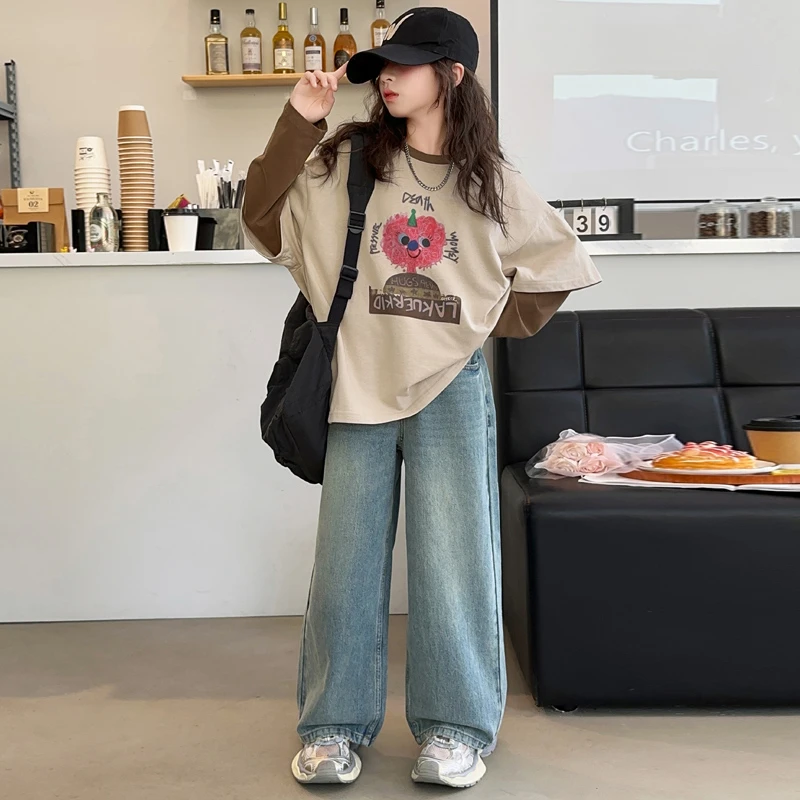 女童假两件T恤套装2024新款春秋装儿童宽松长袖上衣牛仔裤两件套8