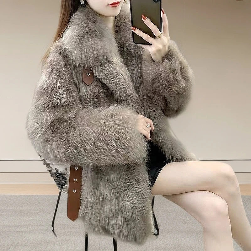 皮毛一体女外套海宁中长款毛毛外套厚款2025秋季新款爆款黑色大衣