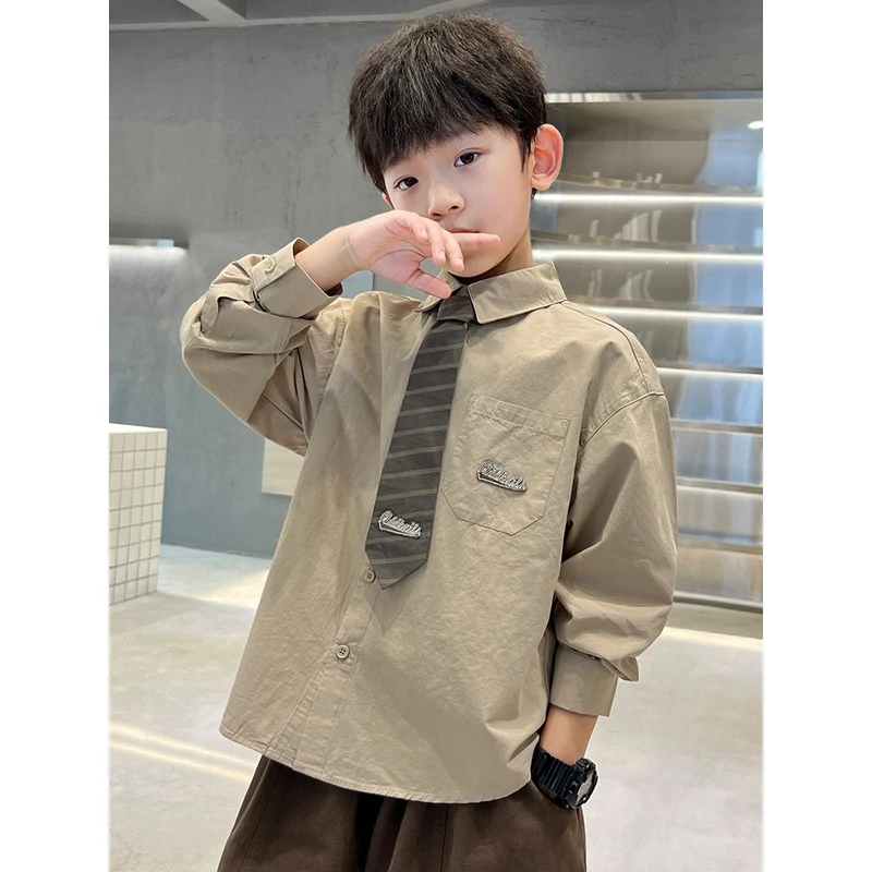 男童衬衫配领带春装新款2023年儿童学院长袖衬衣春秋中大童上衣潮